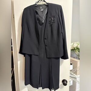KS Collection Black Women's Dress Suit with Beaded Brooch Detail
